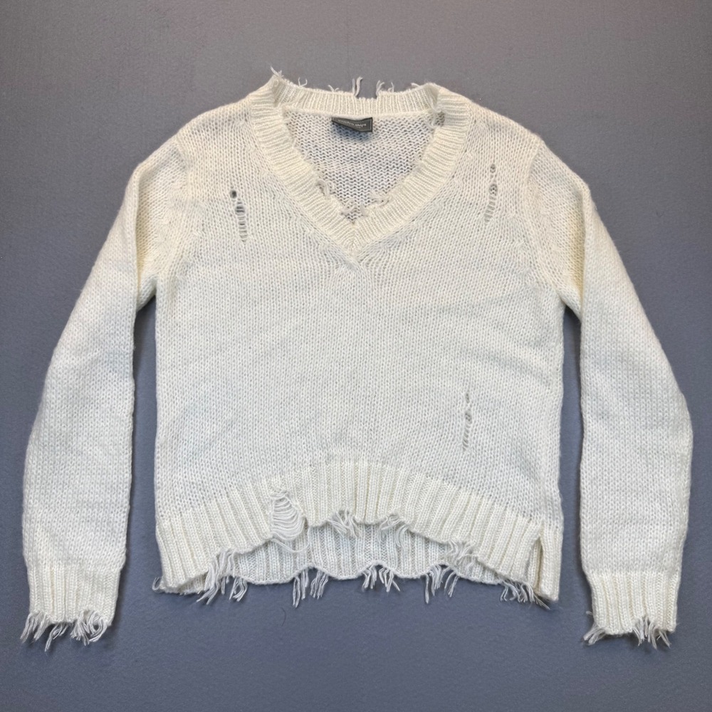 Wooden Ships Paola Buendia Distressed Mohair Wool Blend V-Neck Sweater Cream S/M